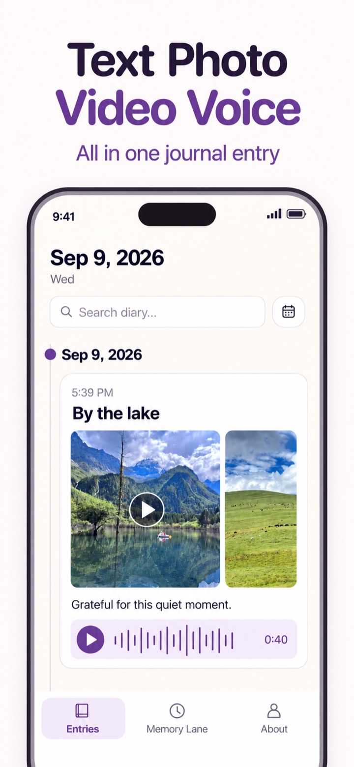 Shanti Journal text, photo, video and voice diary screen